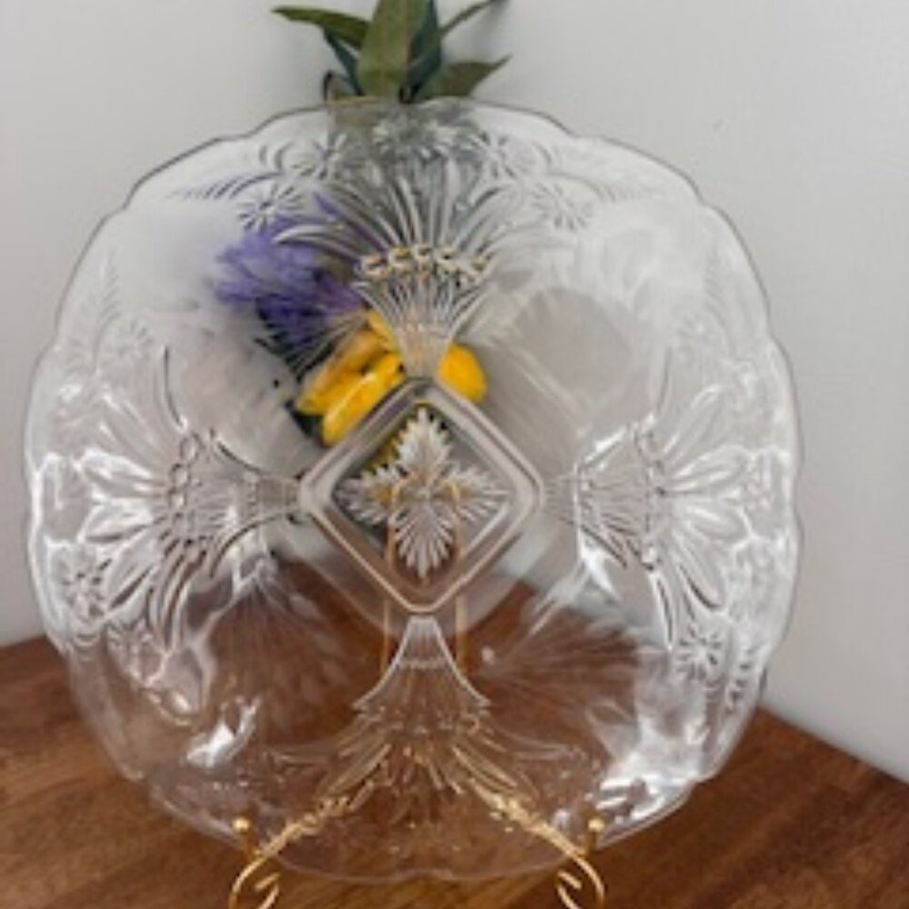 Vintage Pressed Glass Plate Art‎ Deco Floral Clear Serving Tray 1930s Scalloped